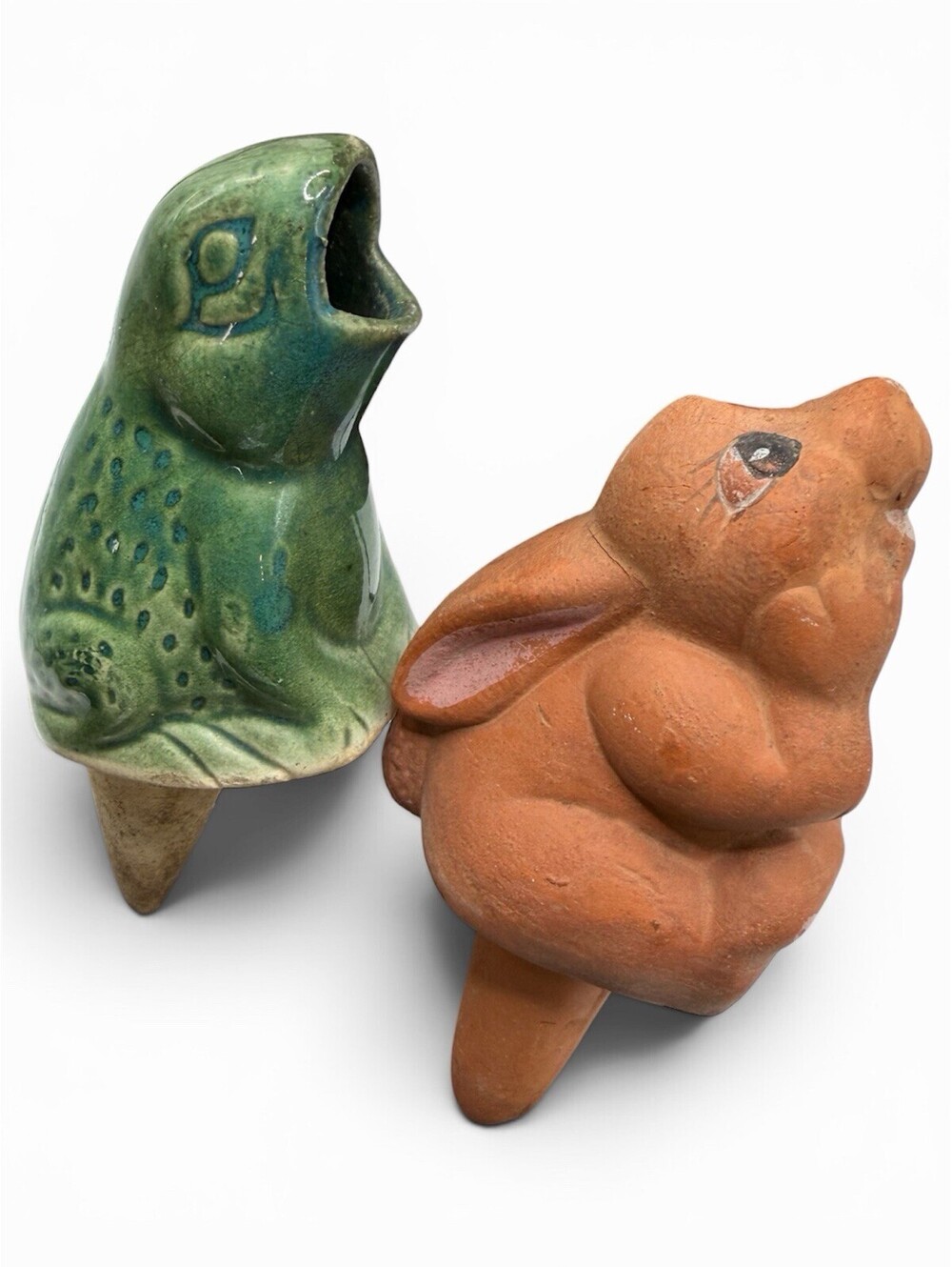 Vintage Green Frog Watering Spike Pottery Oddity Garden Animals Terracotta Bunny